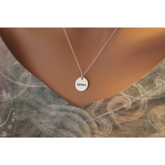 Sterling Silver Sisters Charm Necklace, Sisters Word Charm Necklace - Picture 3 of 3